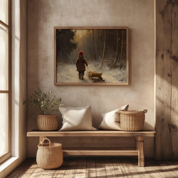 Rustic Winter Scene with Child Pulling Sled