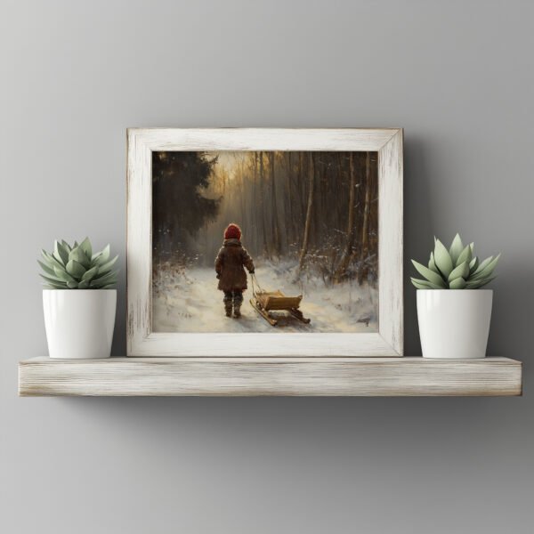 Rustic Winter Scene with Child Pulling Sled