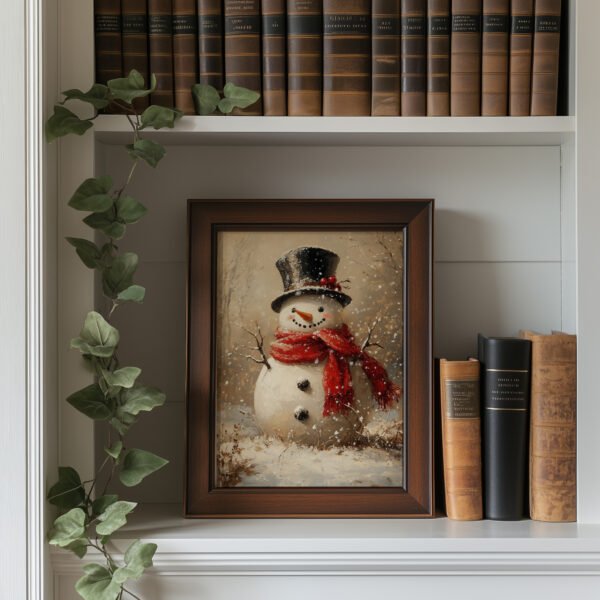 A_vertical_walnut_frame_centered_on_a_shelf Vintage Snowman Printable Wall Art