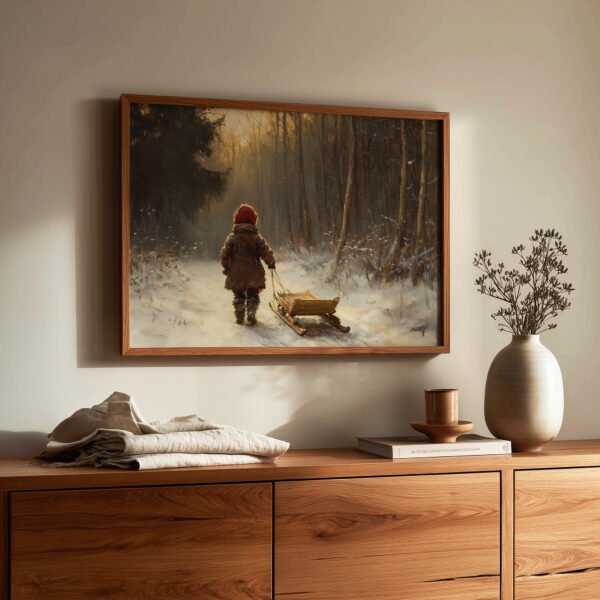 Rustic Winter Scene with Child Pulling Sled