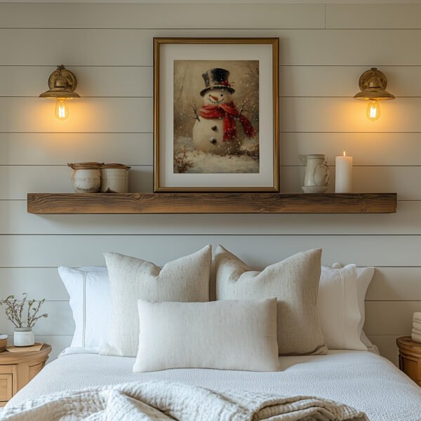 bedroom-frame-above-shelf-with-lamps Vintage Snowman Printable Wall Art