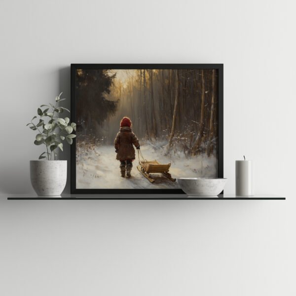 Rustic Winter Scene with Child Pulling Sled