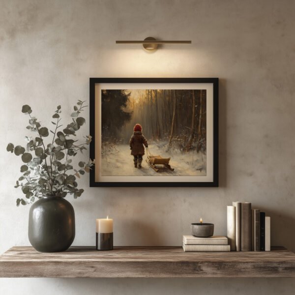 Rustic Winter Scene with Child Pulling Sled