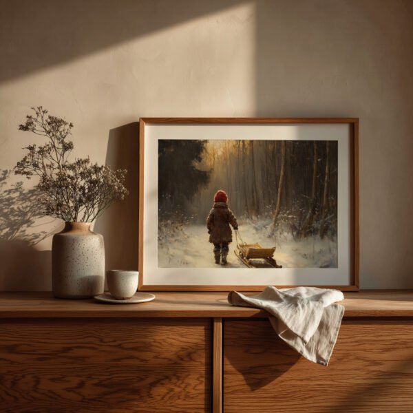 Rustic Winter Scene with Child Pulling Sled
