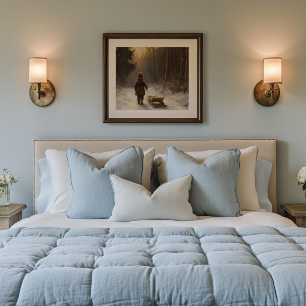 Rustic Winter Scene with Child Pulling Sled