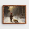 Rustic Winter Scene with Child Pulling Sled