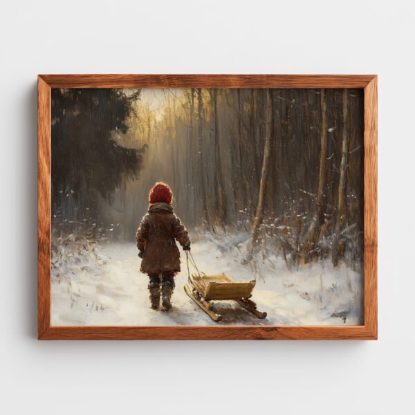 Rustic Winter Scene with Child Pulling Sled